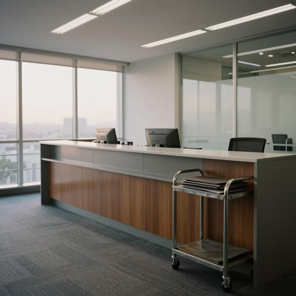 Dawn Light on Office Files and Paper Trolley in at an office reception desk in Rosebank, Johannesburg