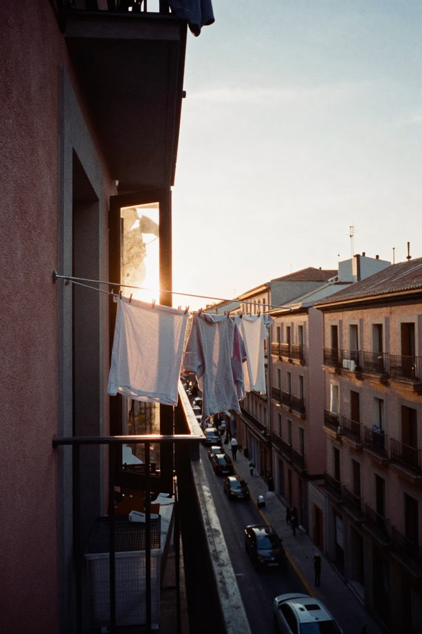 Dawn light on a busy Madrid balcony with laundry and street view in in Madrid, Spain