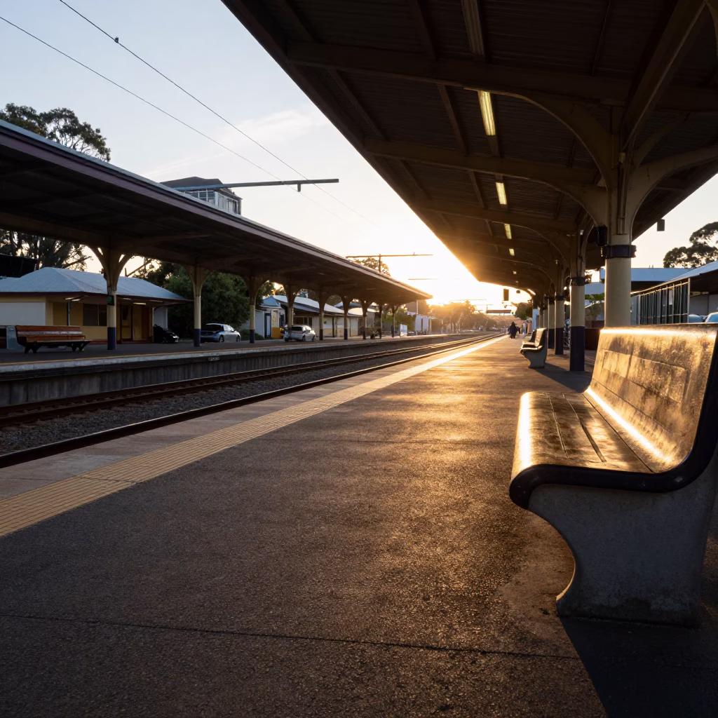 Dawn Light on Adelaide Railway Station Platform with Morning Commuters in in Adelaide, South Australia, Australia