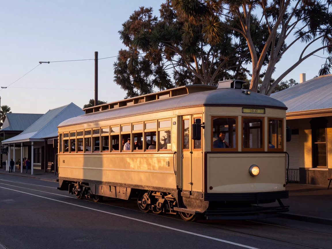 Dawn Light on Adelaide's Heritage Tram Moving Along Cobblestone Streets in South Australia in in Adelaide, South Australia, Australia