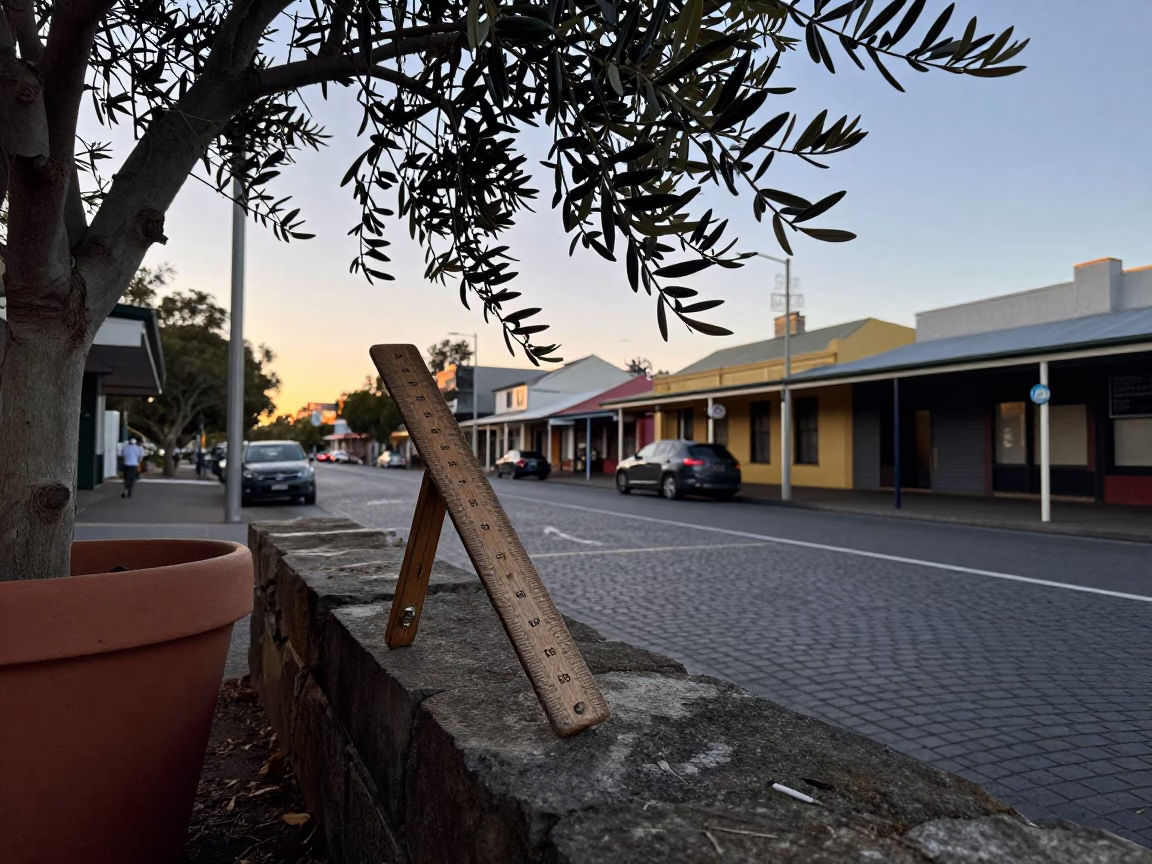 Dawn light on Adelaide streets with olive branch and vintage folding ruler in in Adelaide, South Australia, Australia