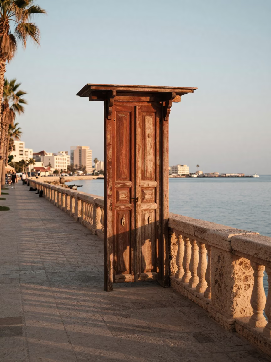 Dawn Light on Alexandria Corniche Promenade with Traditional Wooden Doorknob Detail in in Alexandria, Egypt