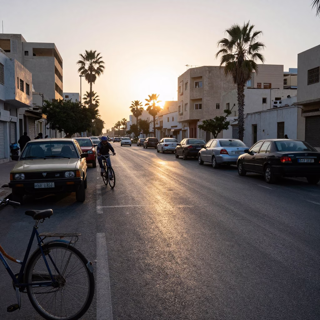 Dawn Light on Alexandria Corniche Street Scene with Bicycles and Traffic in in Alexandria, Egypt