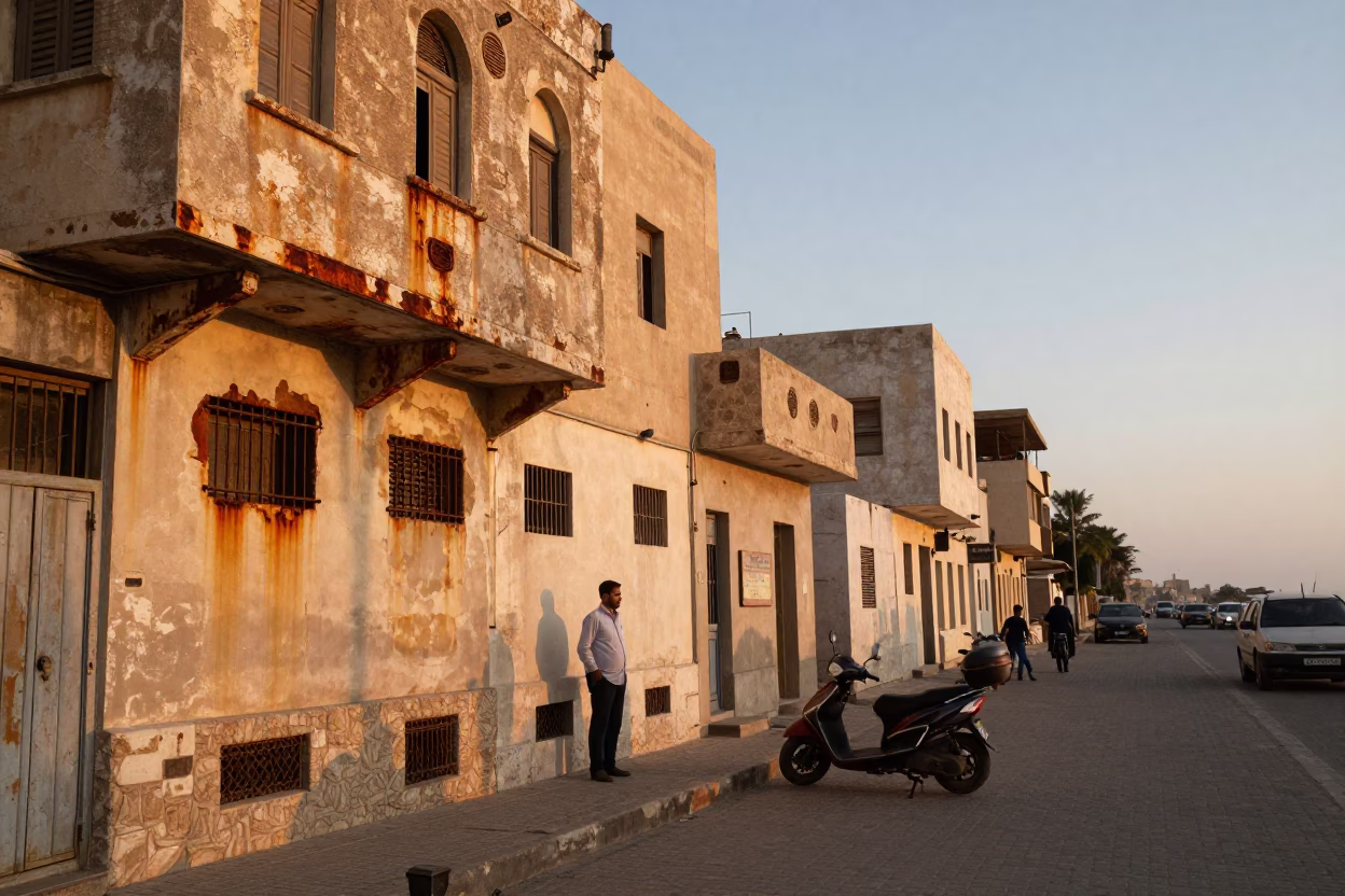 Dawn Light on Alexandria Corniche Street Scene with Rust and Daily Life in in Alexandria, Egypt