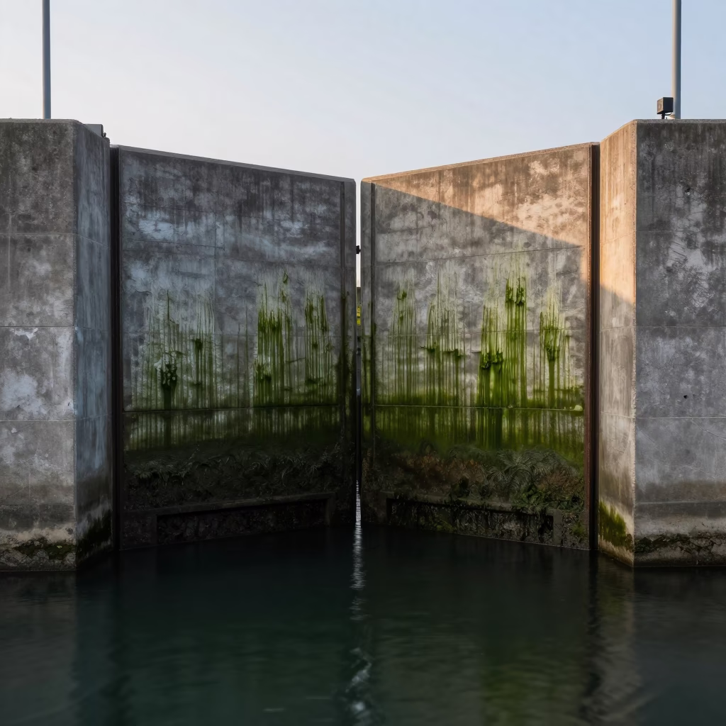 Dawn Light on Algae-Streaked Concrete Floodgate Chamber in Osaka Japan Waterway in in Osaka, Japan