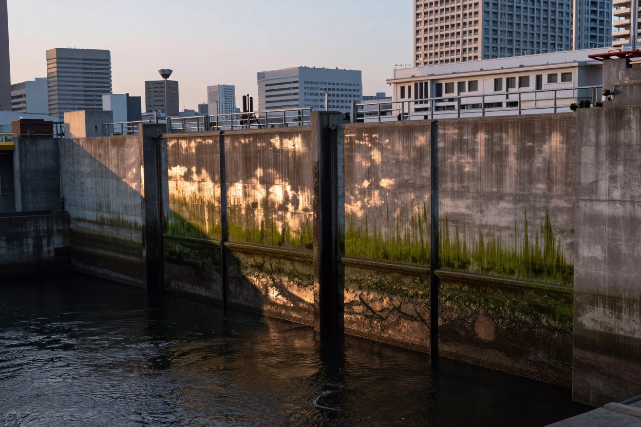 Dawn Light on Algae-Streaked Floodgate Walls in Fukuoka Japan Cityscape in in Fukuoka, Japan
