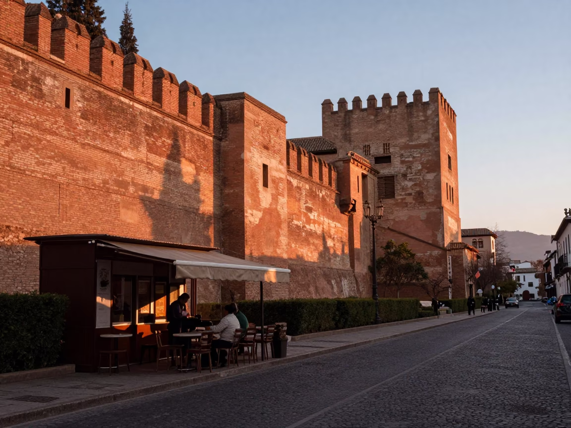 Dawn Light on Alhambra Walls and Street Life in Granada Spain in in Granada, Spain