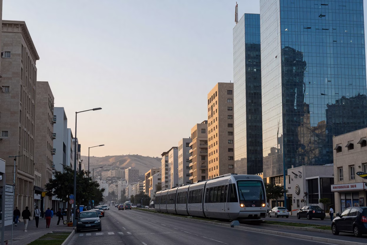 Dawn light on Amman Jordan streets with monorail and glass towers in in Amman, Jordan