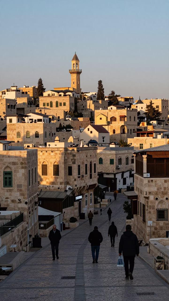 Dawn Light on Amman's Old City Stone Facades and Street Life in in Amman, Jordan