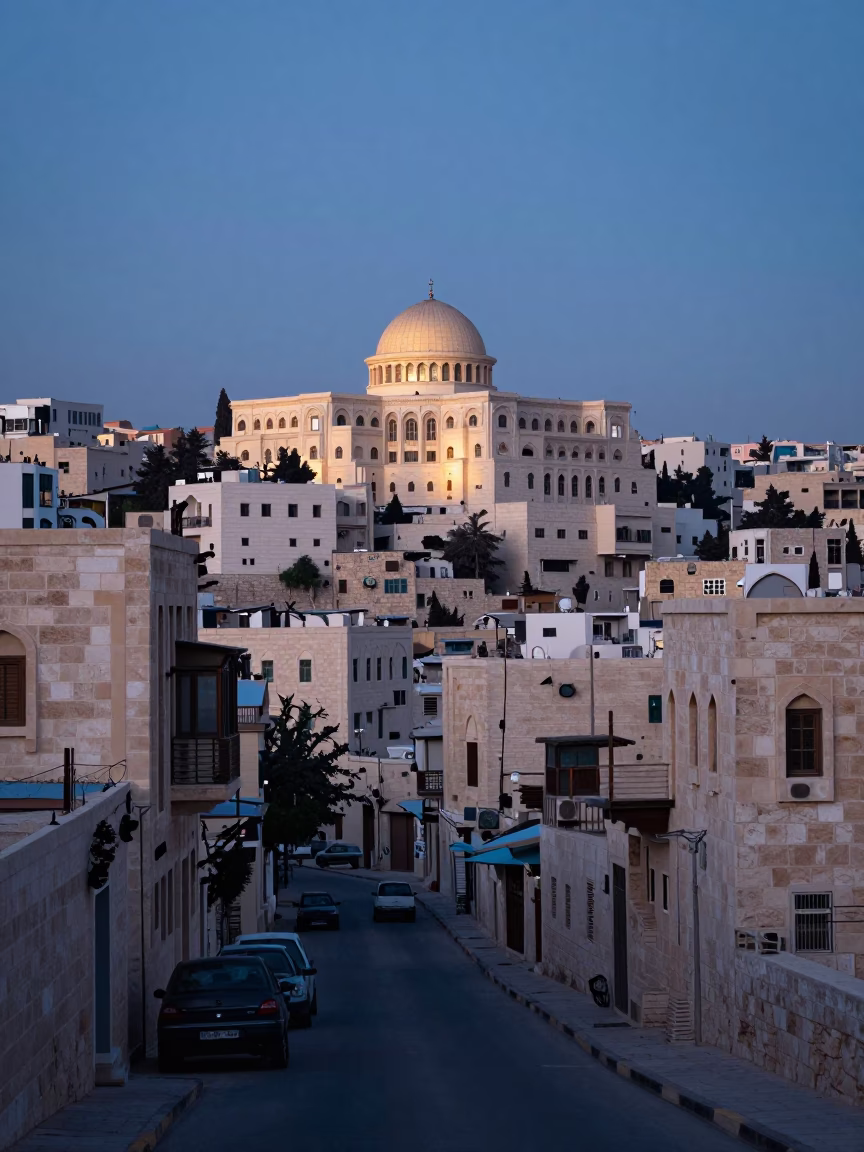 Dawn Light on Amman's White Stone Architecture and Street Details in in Amman, Jordan