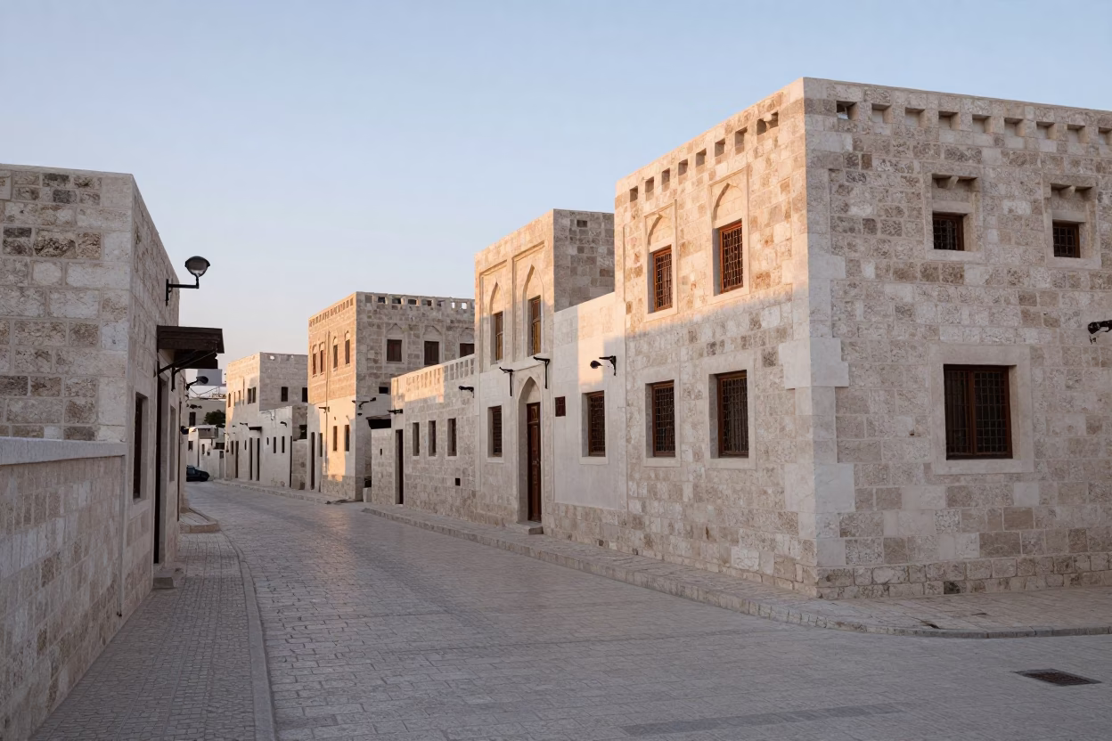 Dawn light on Amman's white stone streets with local bakery and early morning activity in in Amman, Jordan