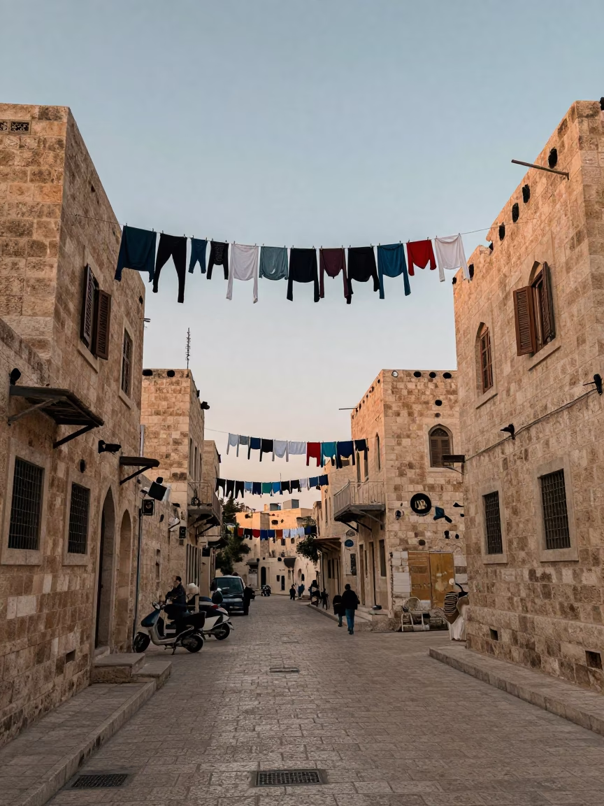 Dawn light on Amman stone streets with hanging laundry and local morning routine in in Amman, Jordan