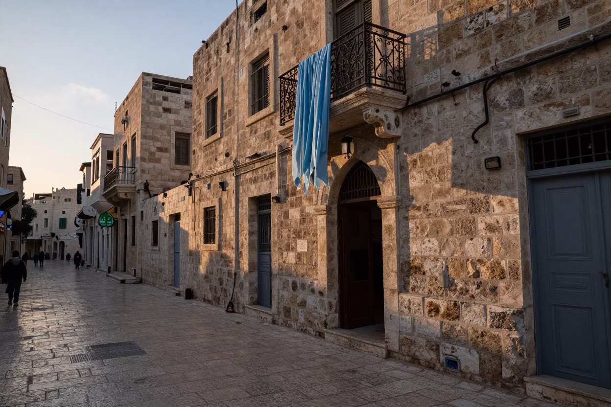 Dawn Light on Amman Stone Streets with Hanging Scarves and Metal Pitcher in in Amman, Jordan
