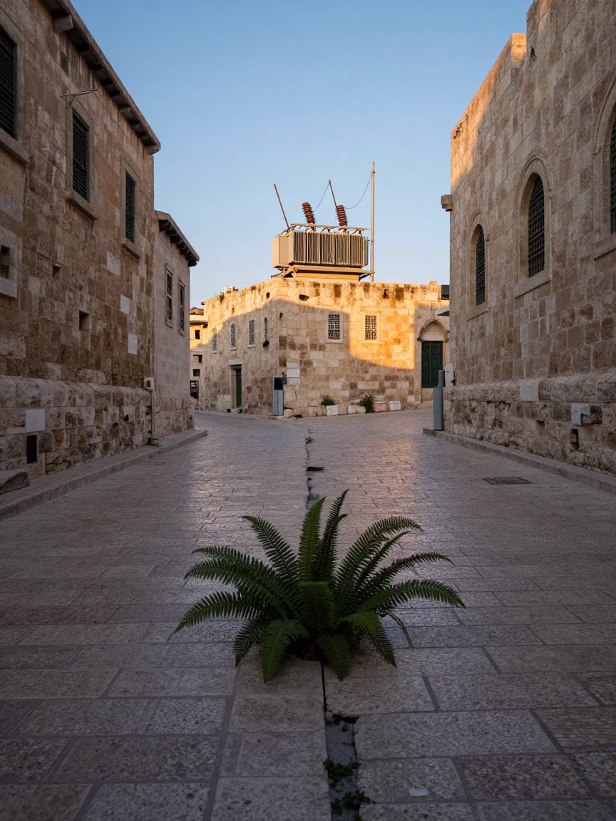 Dawn Light on Amman Stone Streets with Substation Transformer and Ferns in in Amman, Jordan
