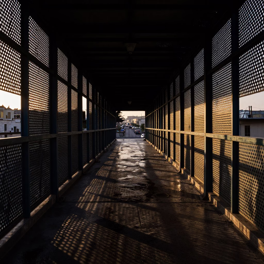 Dawn Light on Amman Street Pedestrian Overpass Perforated Metal and Wet Footsteps Before Sunrise in in Amman, Jordan