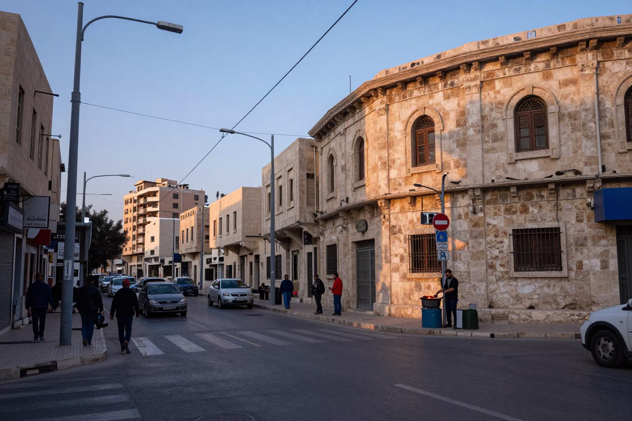 Dawn Light on Amman Streets with Monorail and Local Street Food Vendor in in Amman, Jordan
