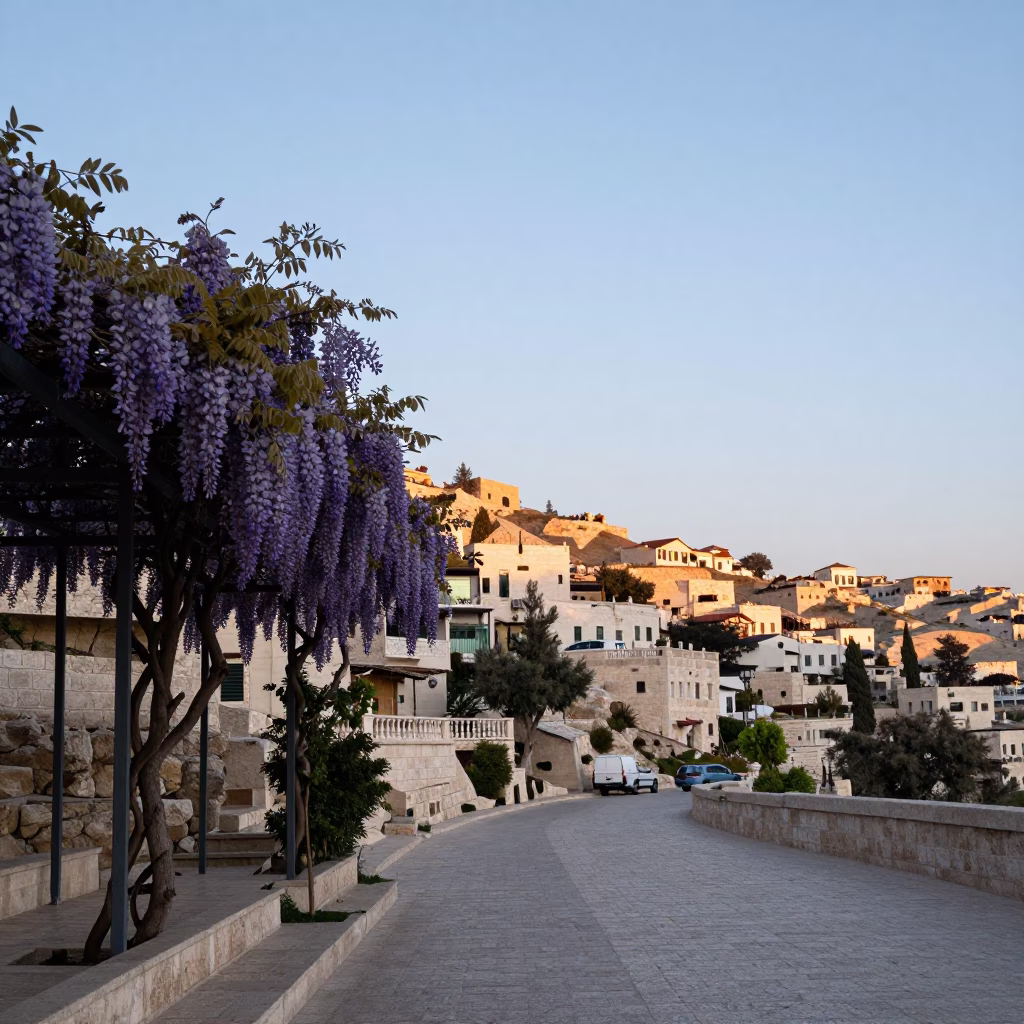 Dawn Light on Amman Streets with Wisteria and Local Morning Activity in in Amman, Jordan