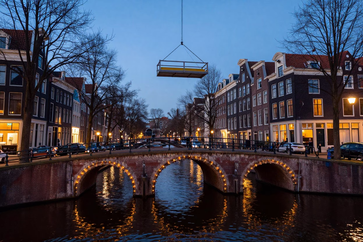 Dawn light on Amsterdam canal bridge with maintenance cradle and rain puddles in in Amsterdam, Netherlands
