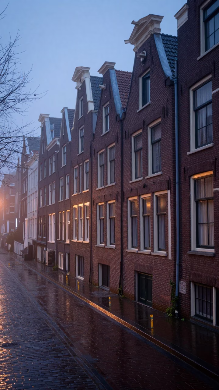 Dawn light on Amsterdam canal house brickwork and wet cobblestone street reflections in in Amsterdam, Netherlands
