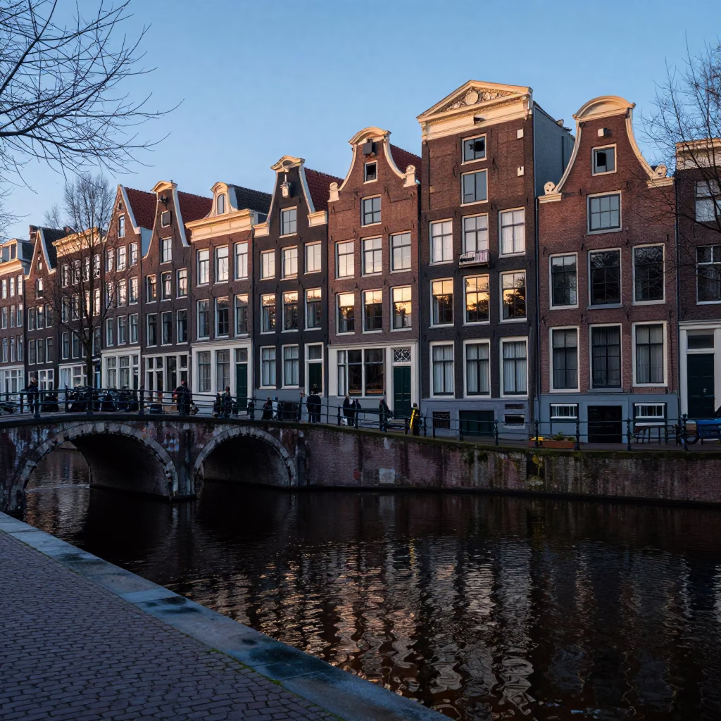 Dawn light on Amsterdam canal house facade and wet cobblestone street in in Amsterdam, Netherlands