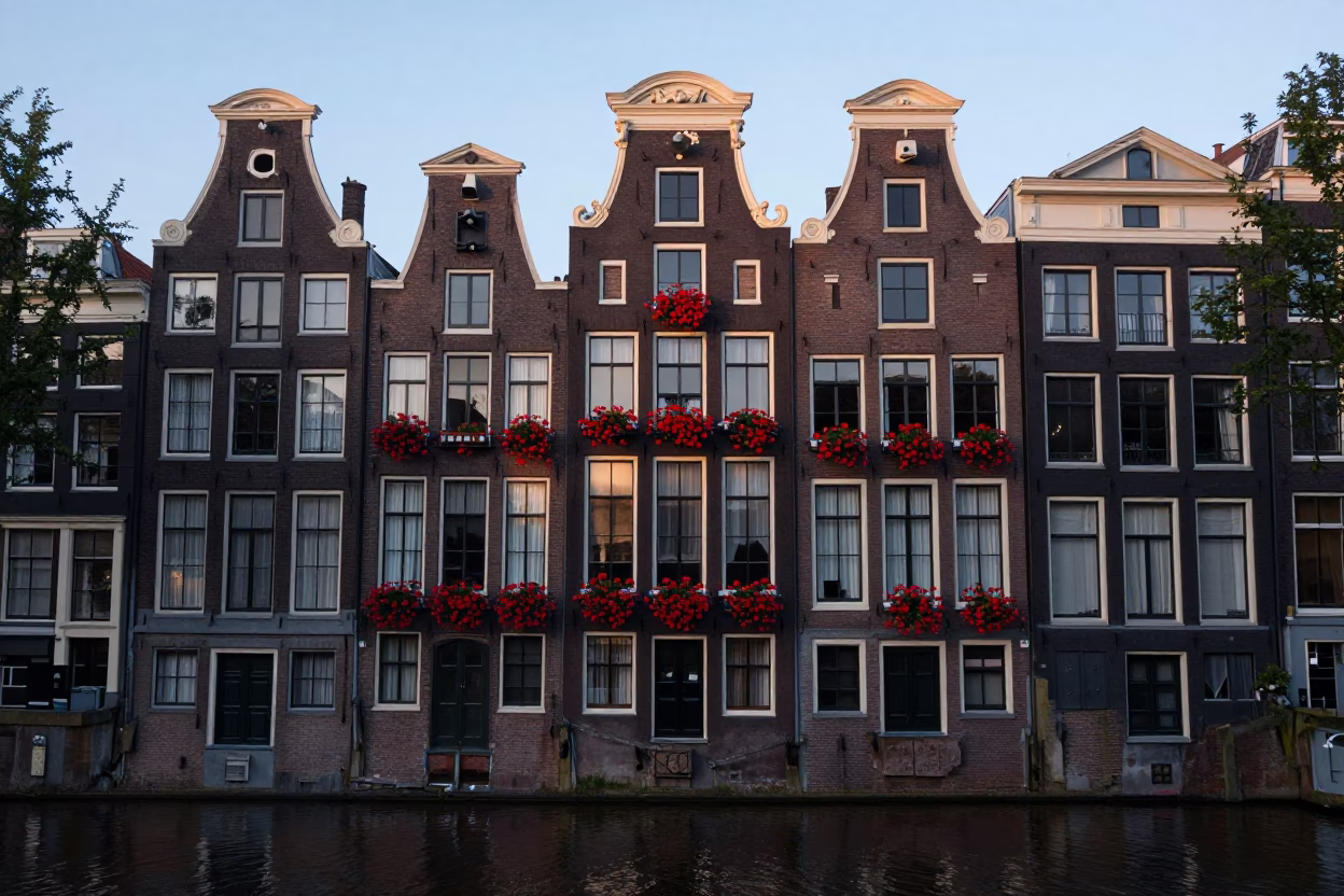 Dawn Light on Amsterdam Canal House Facade with Geraniums and Brickwork in in Amsterdam, Netherlands