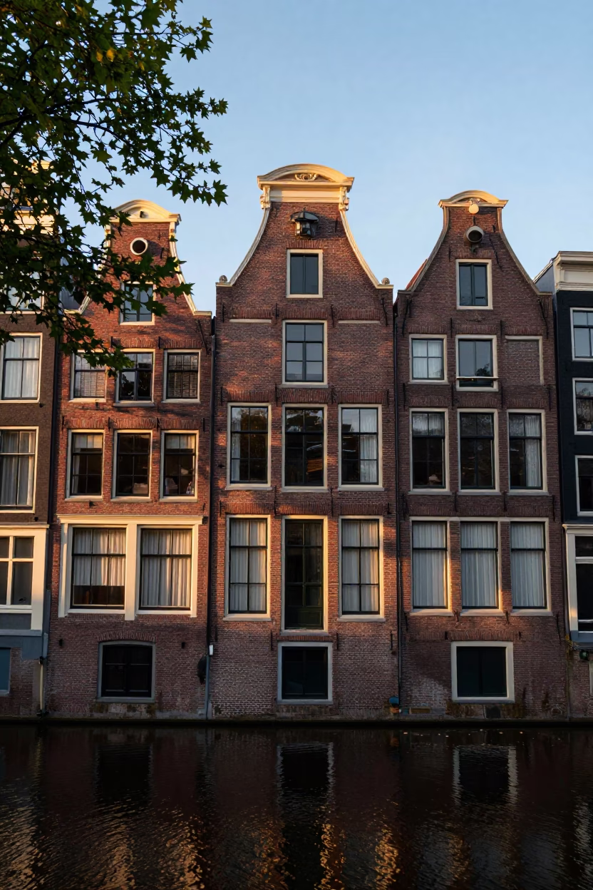 Dawn light on Amsterdam canal house facade with leaf shadows on brick wall in in Amsterdam, Netherlands