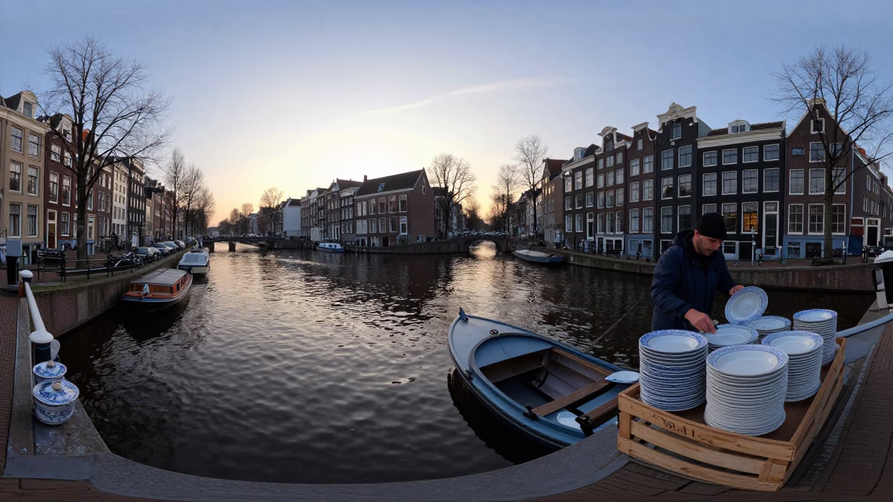 Dawn Light on Amsterdam Canal with Blue White Porcelain and Wet Cobblestones in in Amsterdam, Netherlands