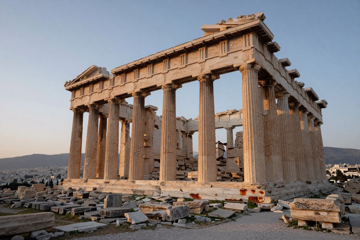 Dawn Light on Ancient Athenian Ruins with Weathered Stone and Morning Mist in in Athens, Greece