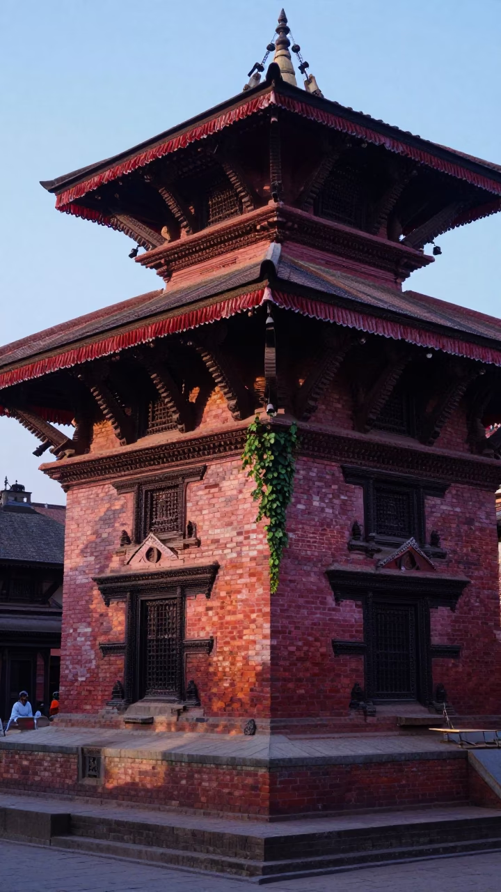 Dawn Light on Ancient Brick Temple Facade in Kathmandu Nepal Street Scene in in Kathmandu, Nepal