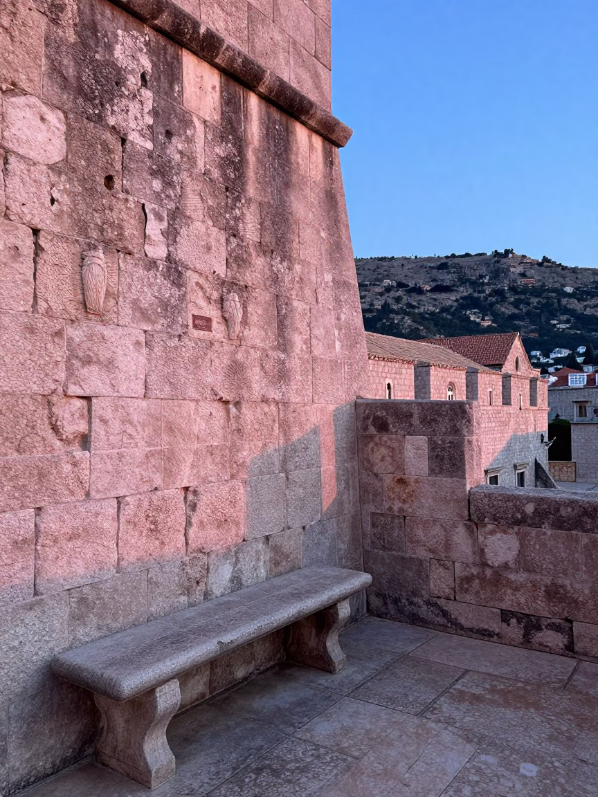 Dawn light on ancient limestone walls and weathered stone bench in historic Dubrovnik Croatia in in Dubrovnik, Croatia