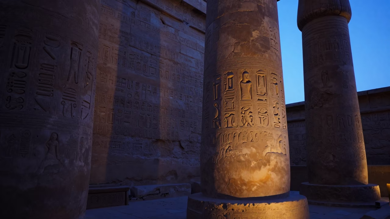 Dawn light on ancient Luxor stone walls with quiet street scene before sunrise in in Luxor, Egypt