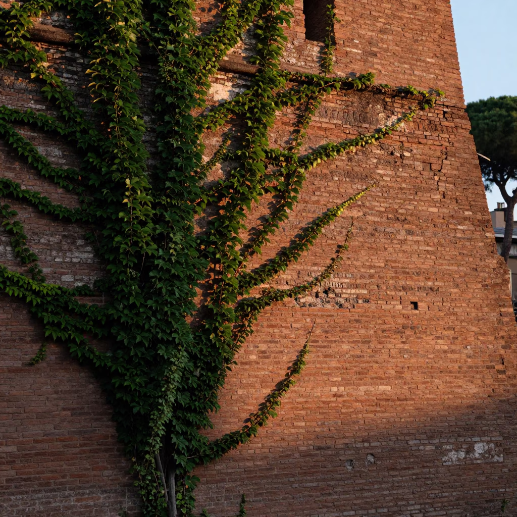 Dawn Light on Ancient Roman Brick Wall with Climbing Ivy and Cobblestone Street in in Rome, Italy