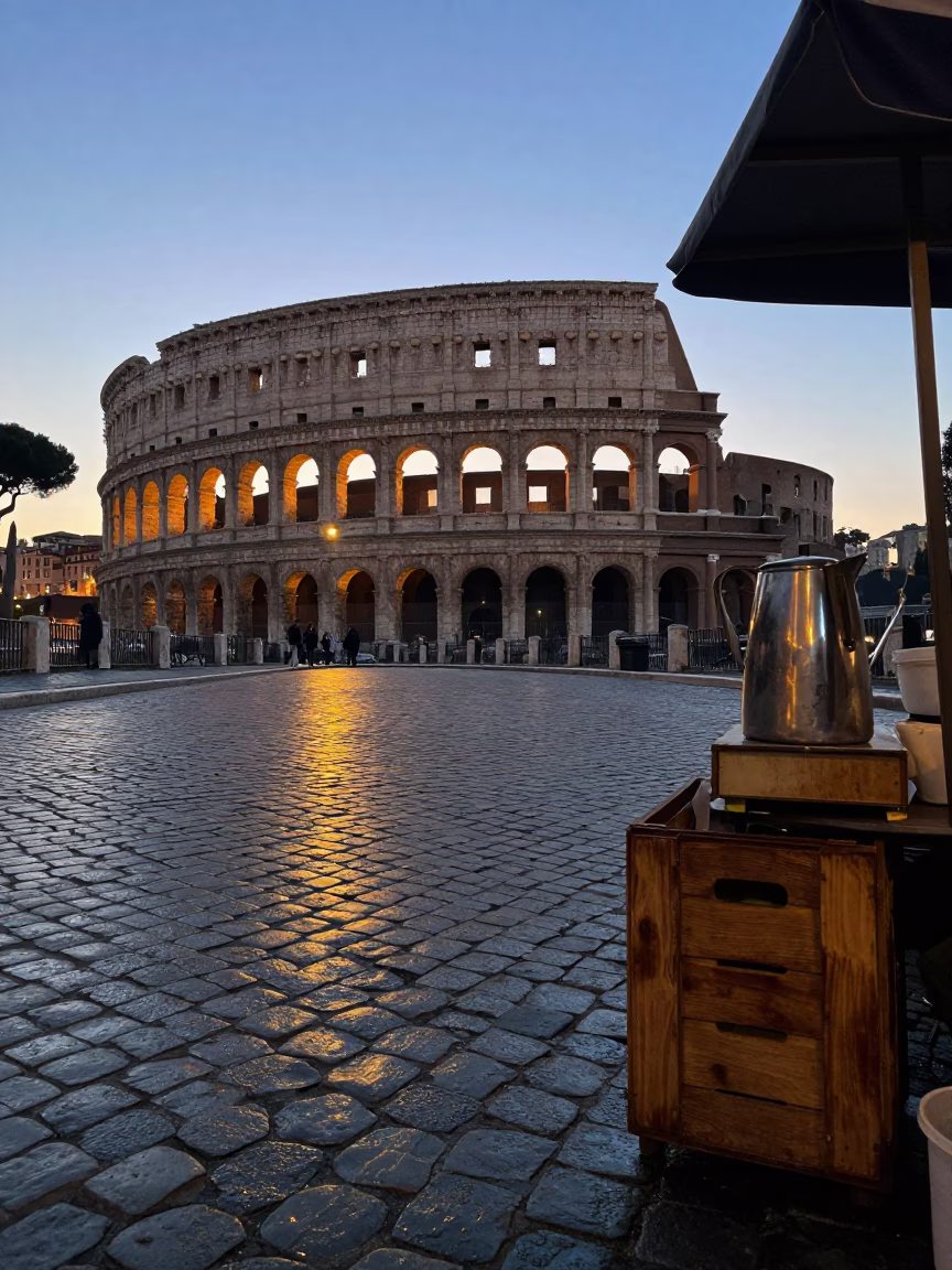 Dawn Light on Ancient Roman Cobblestones and Morning Market Condensation in in Rome, Italy