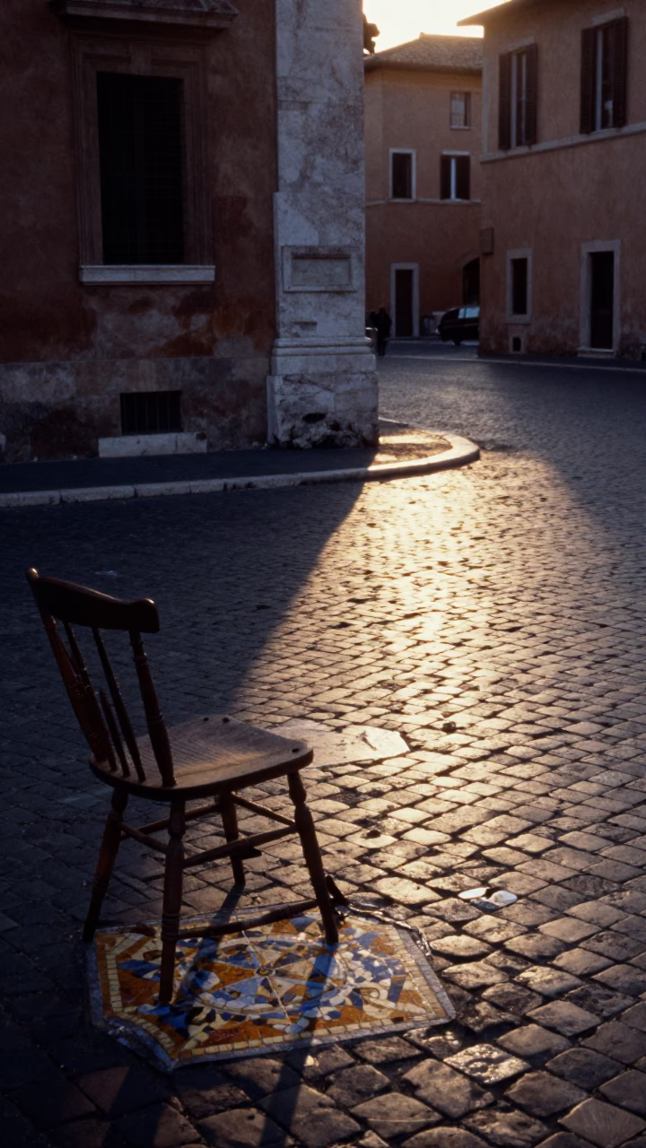 Dawn Light on Ancient Roman Cobblestones with Majolica Pottery and Spindle Chair in in Rome, Italy
