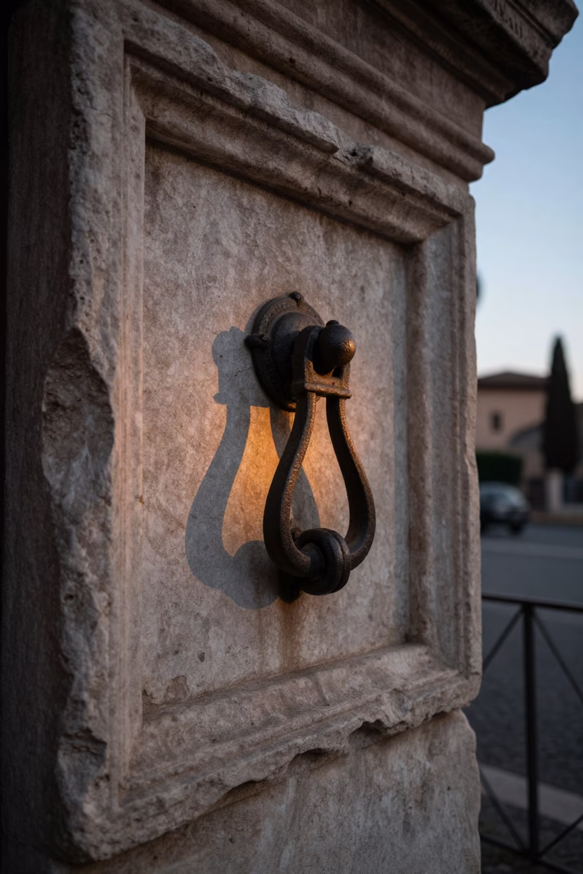 Dawn Light on Ancient Roman Stone Portal Handle Before Sunrise in Italy in in Rome, Italy