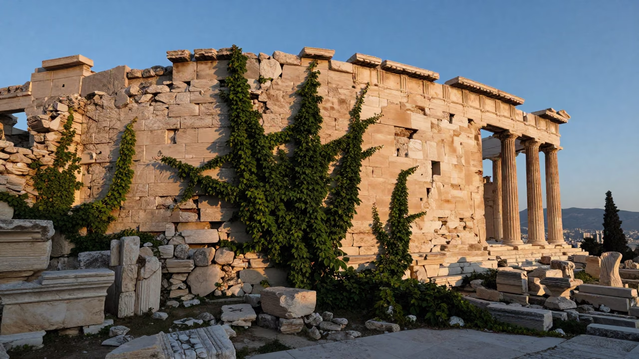Dawn light on ancient stone ruins with climbing ivy vines in Athens Greece in in Athens, Greece