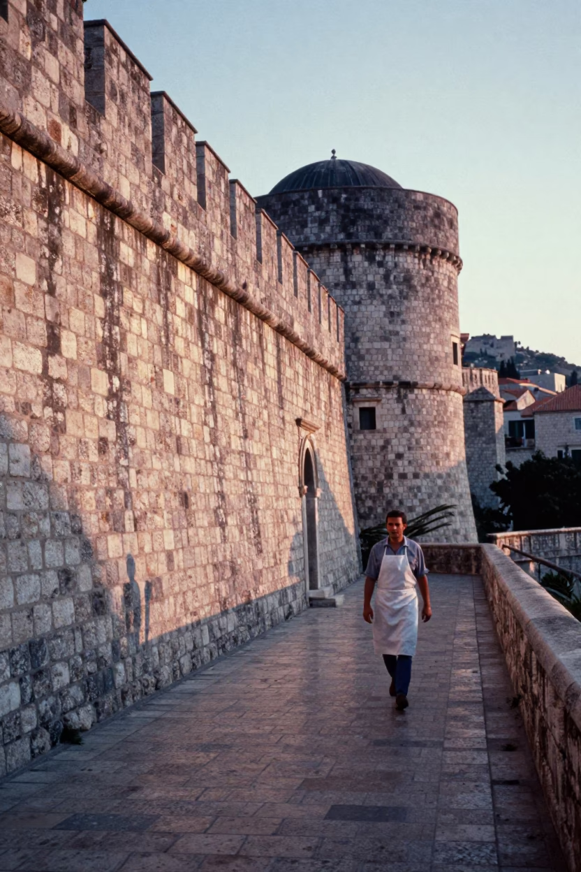 Dawn Light on Ancient Stone Walls of Dubrovnik Croatia Street Scene in in Dubrovnik, Croatia