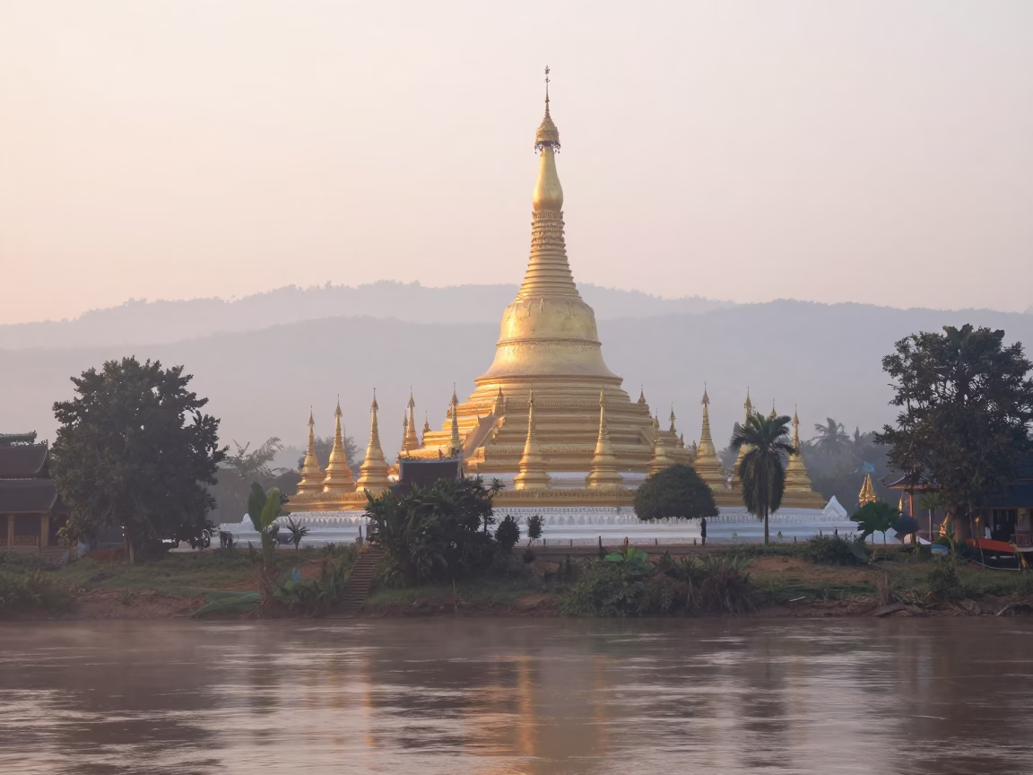 Dawn Light on Ancient Temple Stupas in Luang Prabang Laos with Misty River View in in Luang Prabang, Laos