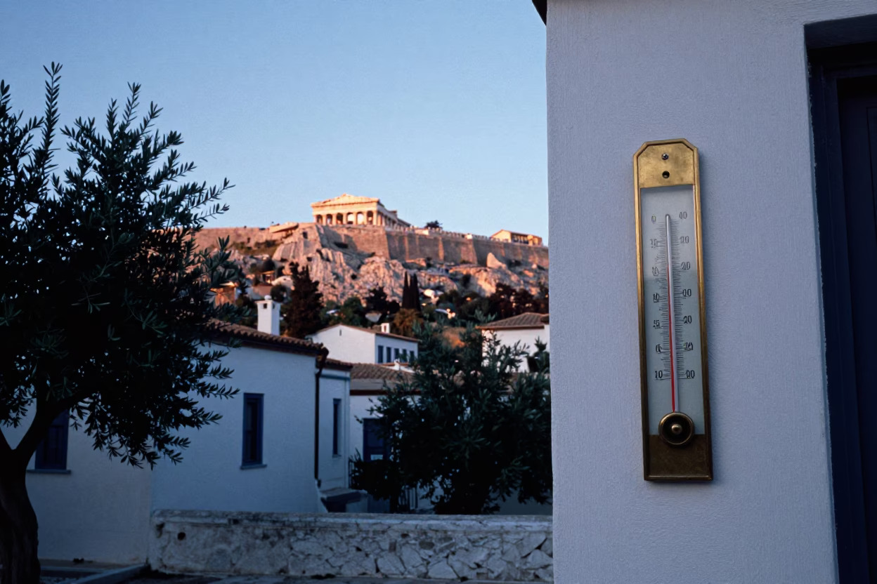 Dawn Light on Athens Acropolis Ruins with Olive Trees and Thermometer in in Athens, Greece