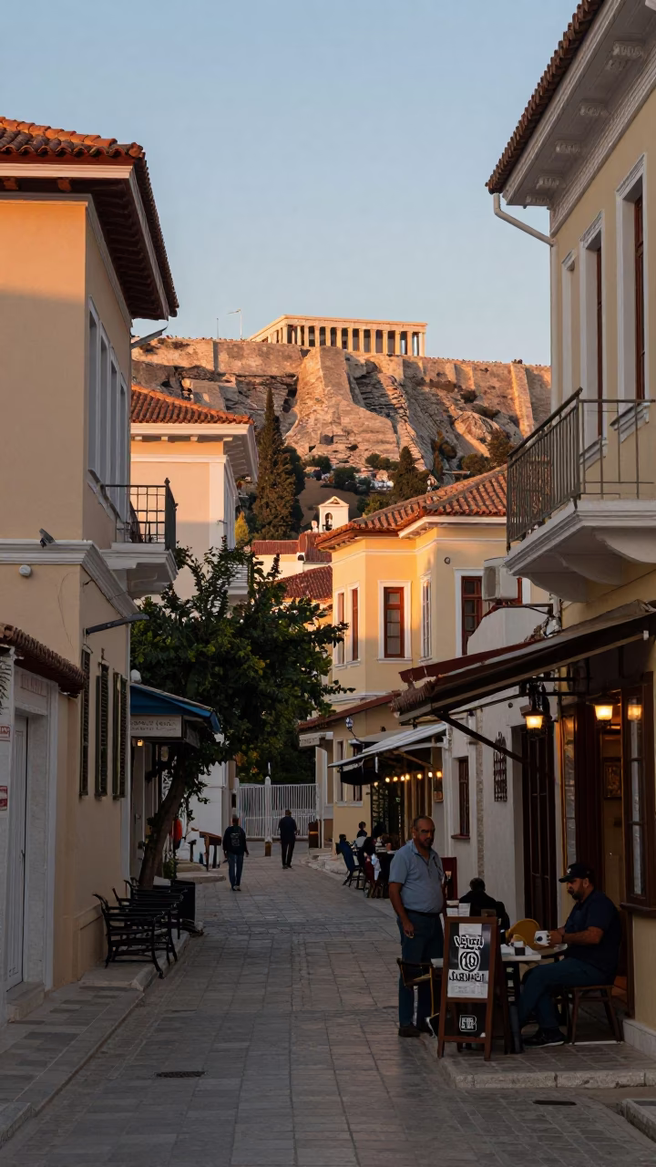 Dawn Light on Athens Acropolis Street with Local Mug and Recorder in in Athens, Greece