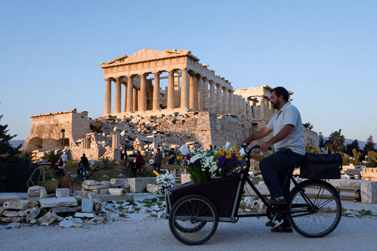 Dawn Light on Athens Acropolis with Cargo Bicycle and Local Morning Routine in in Athens, Greece
