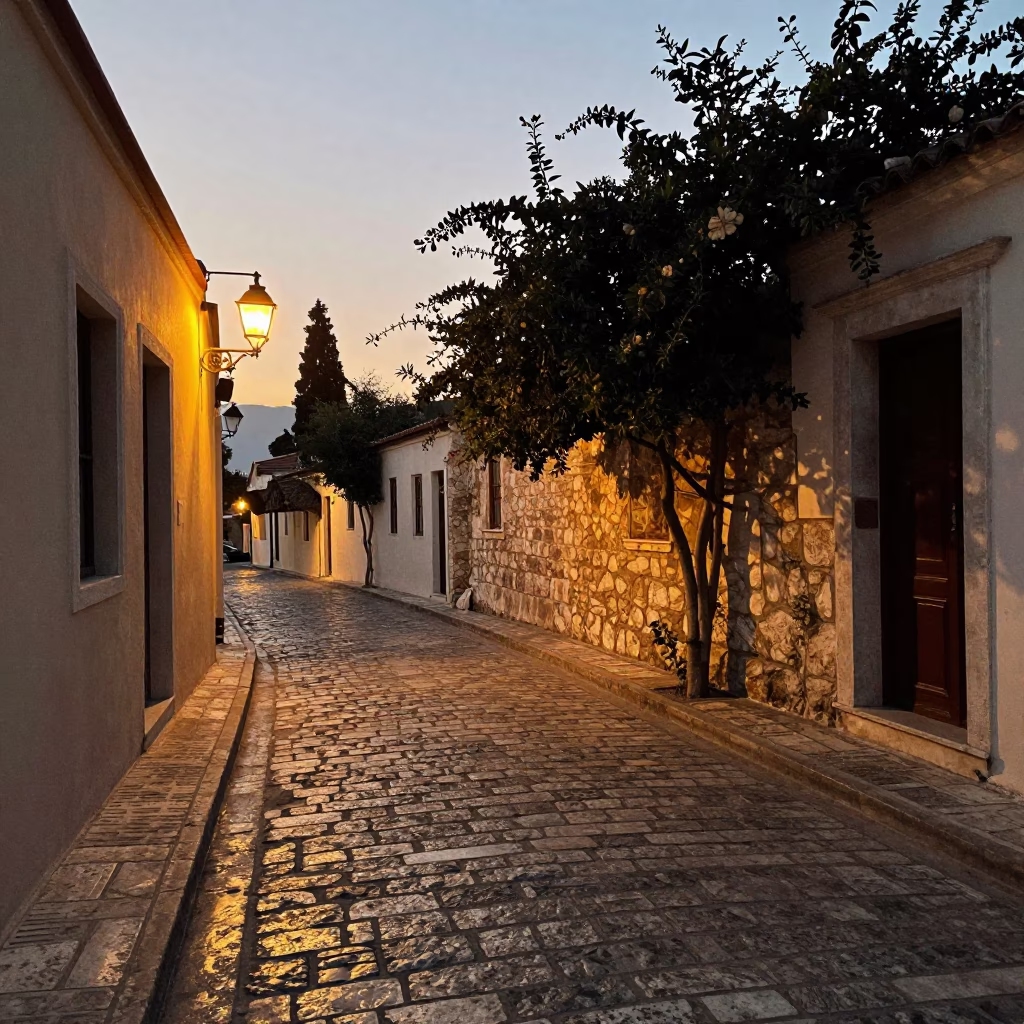 Dawn light on Athens cobblestones with lantern alley and persimmons in in Athens, Greece