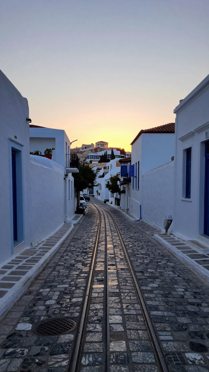 Dawn Light on Athens Plaka Cobblestones with Funicular Ascent and Morning Market Details in in Athens, Greece