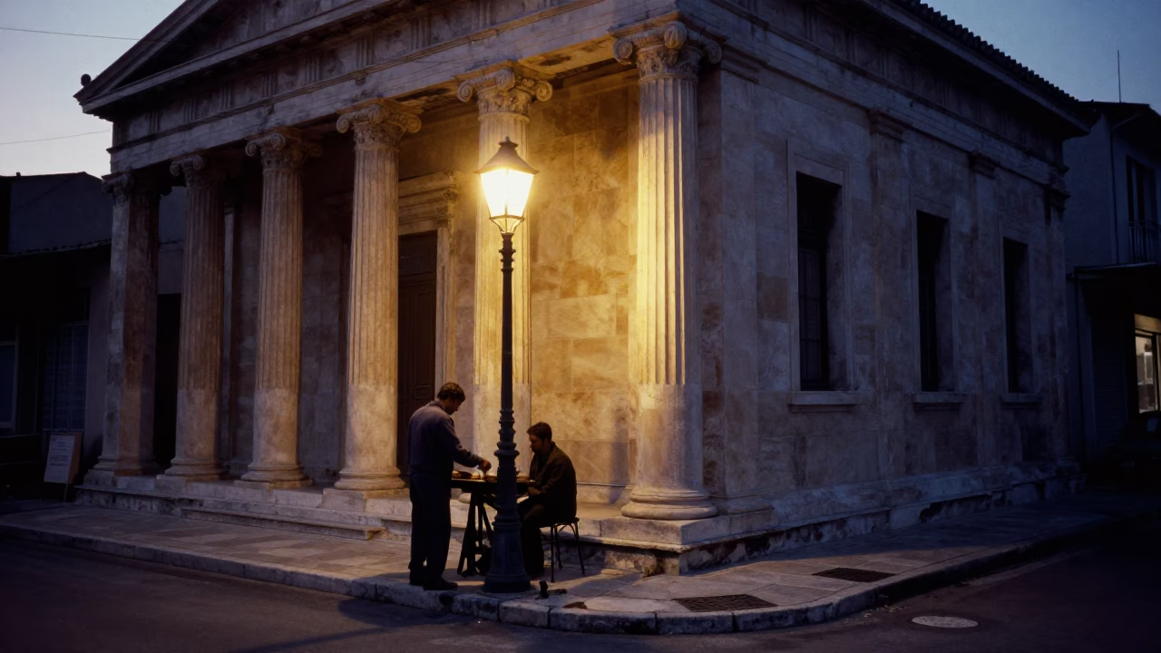 Dawn Light on Athens Street Corner with Lantern and Coffee Grinder Before Sunrise in in Athens, Greece