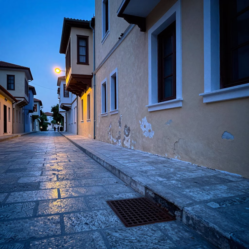 Dawn Light on Athens Street Corner with Rust Drain and Coat Brush in in Athens, Greece