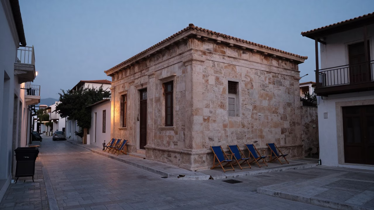 Dawn Light on Athens Street with Empty Deck Chairs and Tea Stains Before Sunrise in in Athens, Greece