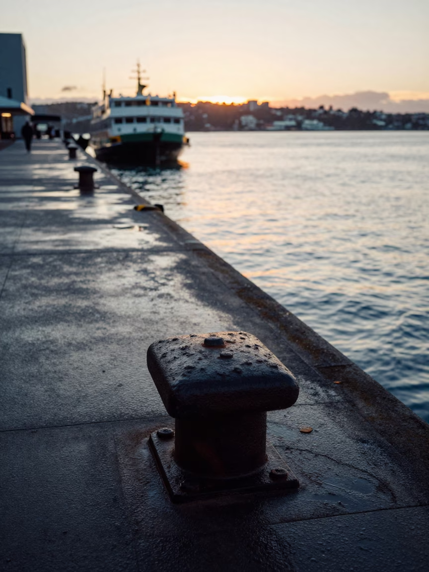 Dawn Light on Auckland Ferry Terminal Quay with Turnbuckle and Harbour Views in in Auckland, New Zealand
