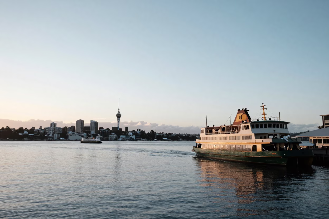 Dawn Light on Auckland Harbour Waterfront with Ferry and Urban Skyline in in Auckland, New Zealand