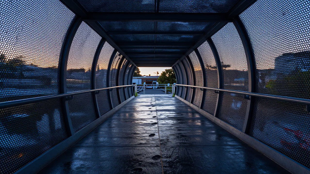 Dawn Light on Auckland Pedestrian Overpass with Perforated Metal and Wet Footsteps in in Auckland, New Zealand