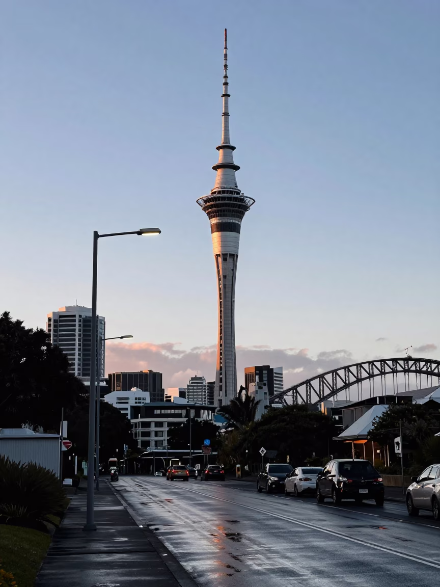 Dawn Light on Auckland Sky Tower and Harbor Bridge Street Scene in in Auckland, New Zealand